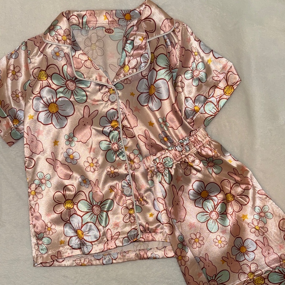 Pink Floral & Bunny Satin Pajama Set